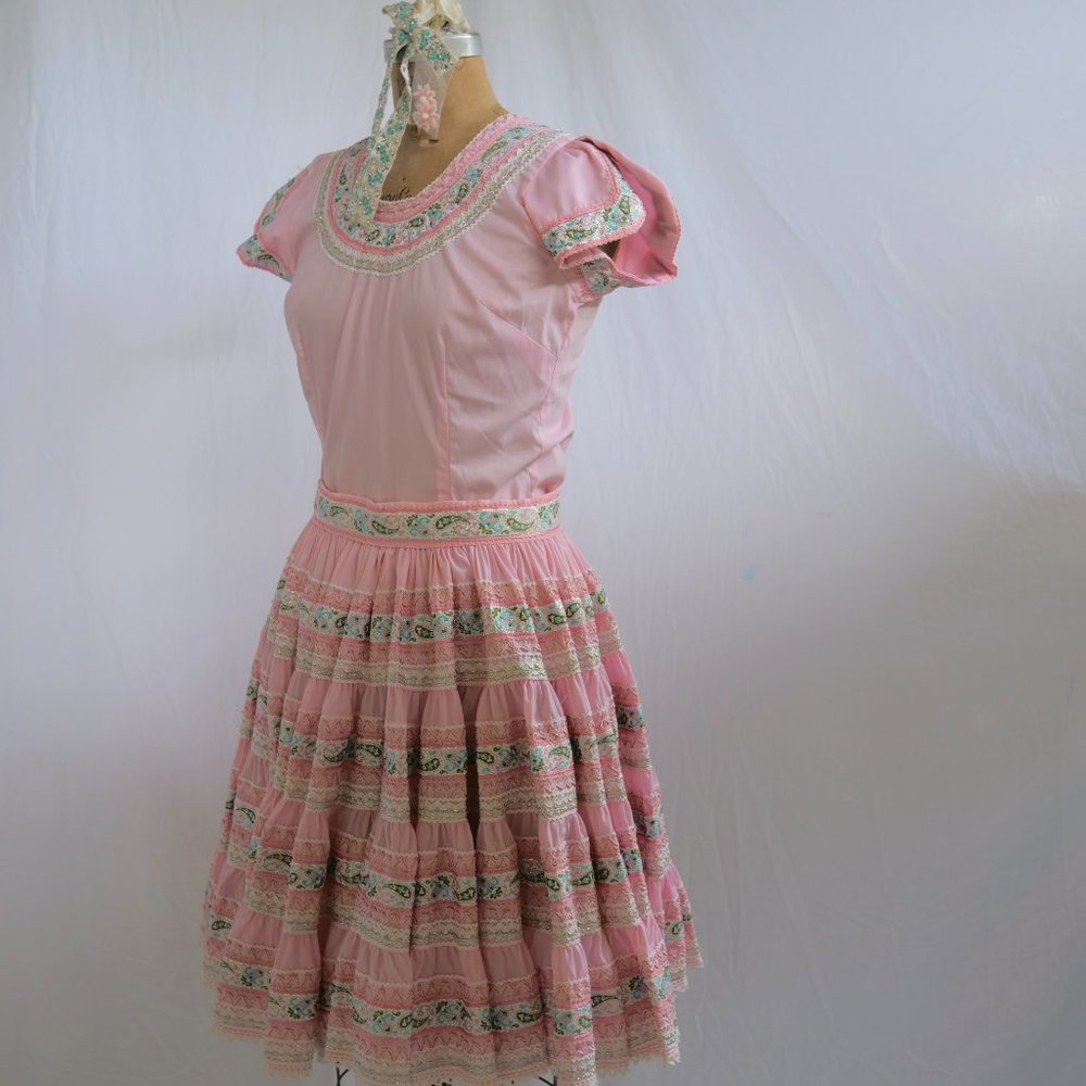 vtg 50s JEANETTES SOUTHWEST Pink Full Pleated Skirt & Top Set Swing Rockabilly 8 - Picture 4 of 15